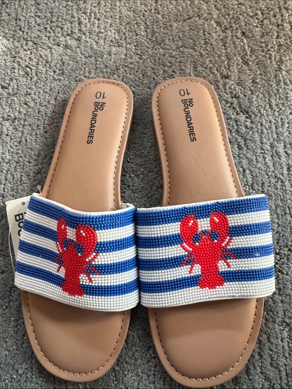 Beaded Striped Slide Sandals with  Lobster motif.